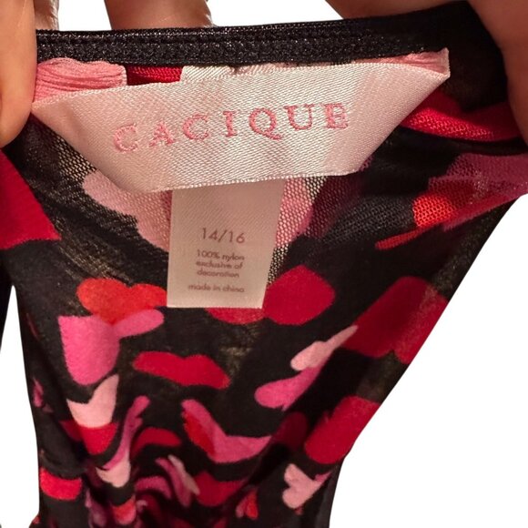 Cacique Intimates Womens Plus Size 14/16 Black Mesh Chemise Slip Pink Red Hearts - Picture 13 of 15